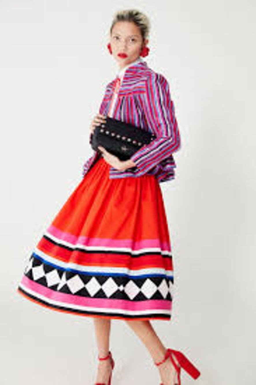 Kate Spade New York Geo Border Poplin Midi Skirt Red Geometric A Line
